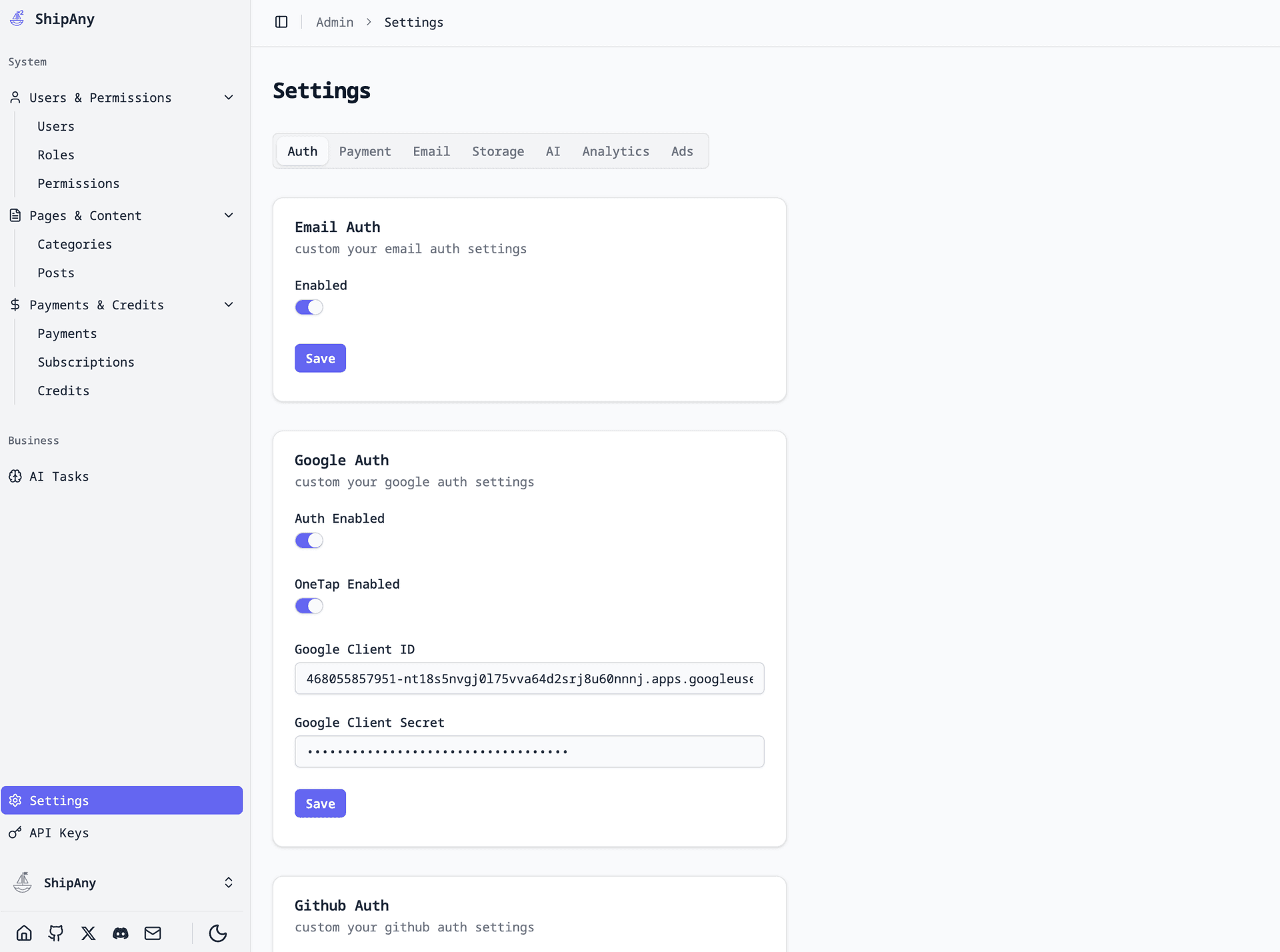 ShipAny Two 管理设置页面